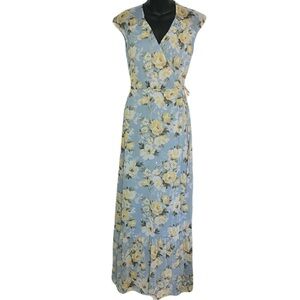 Elegant Floral Maxi Wrap Dress in Blue and Yellow